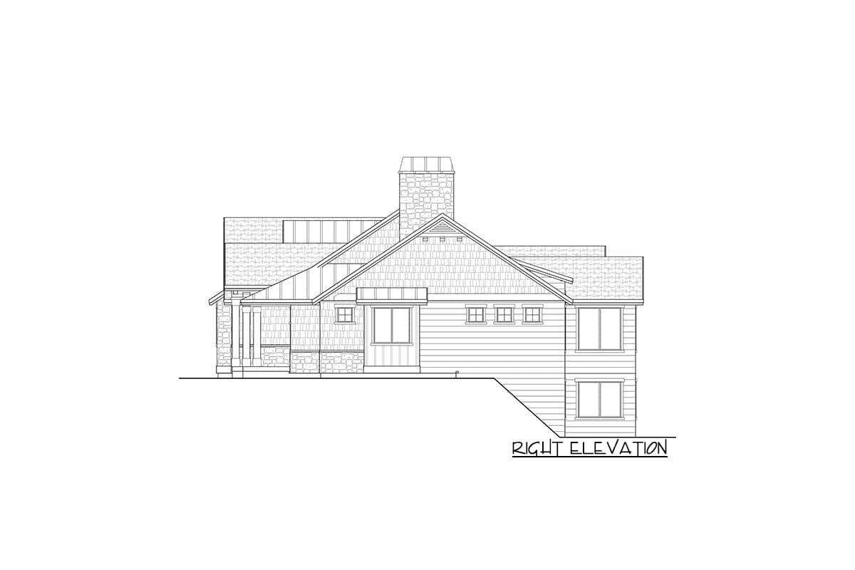 House plan right elevation showing a multi-story structure with a stone chimney, gables, and various window types.
