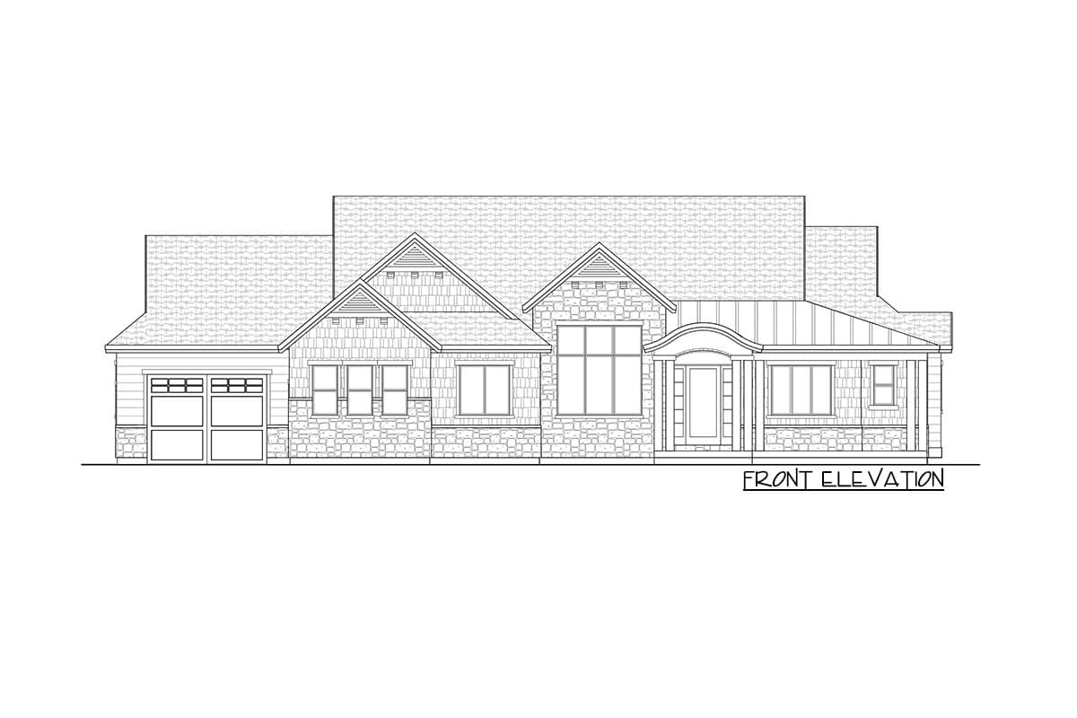 Front elevation drawing of a single-story house plan with stone and shingle siding, gabled dormers, and a two-car garage.
