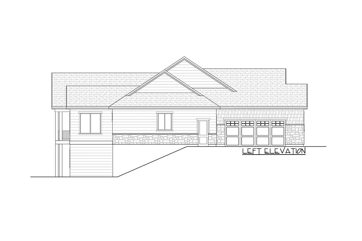Left elevation house plan showing a two-story home with a three-car garage, stone and lap siding, and a prominent gable roof.