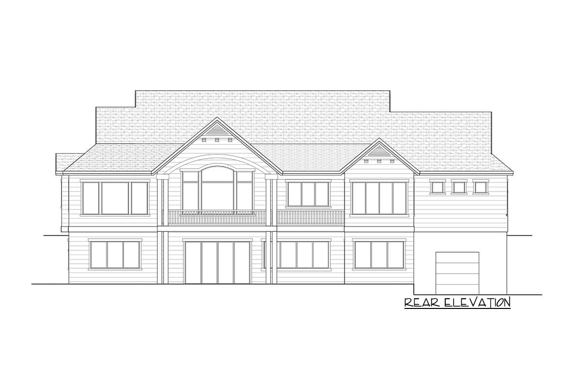 Rear elevation drawing of a two-story house with a prominent central gable, arched window, balcony, and attached garage.
