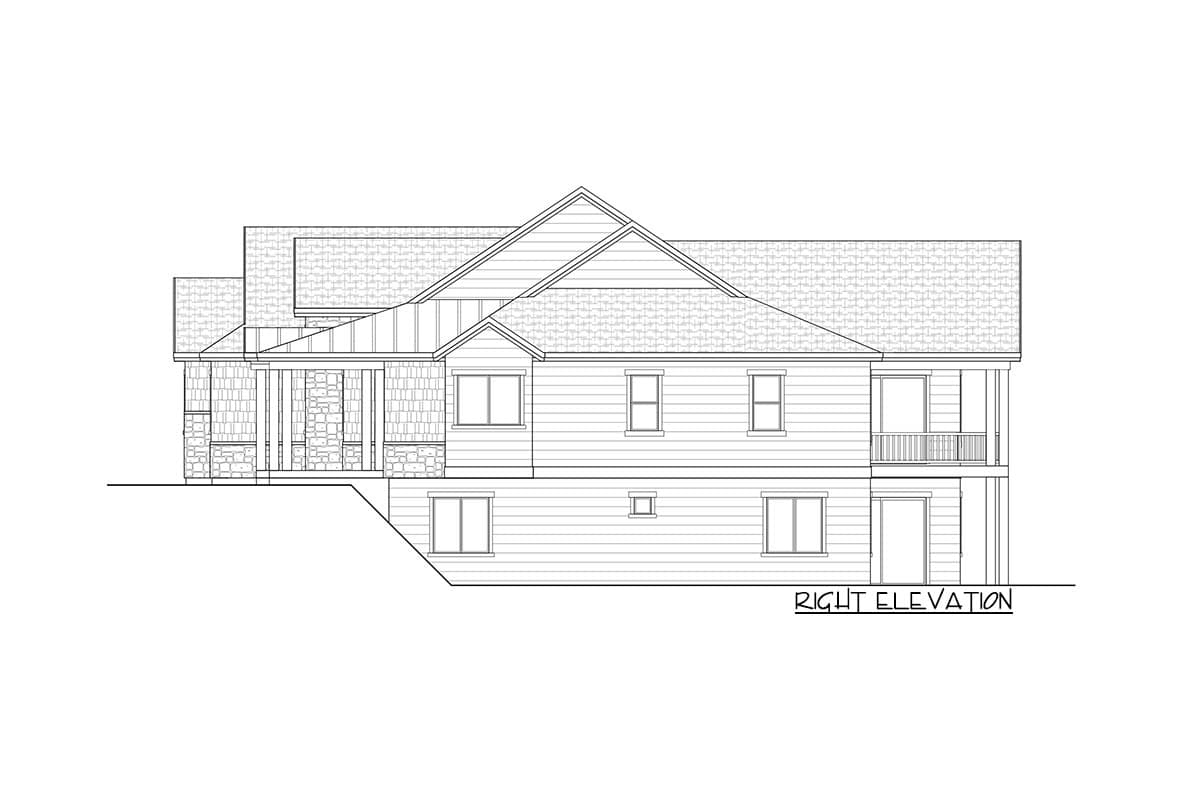 Right elevation house plan showing two stories, prominent gables, stone foundation, covered porch, and balcony.