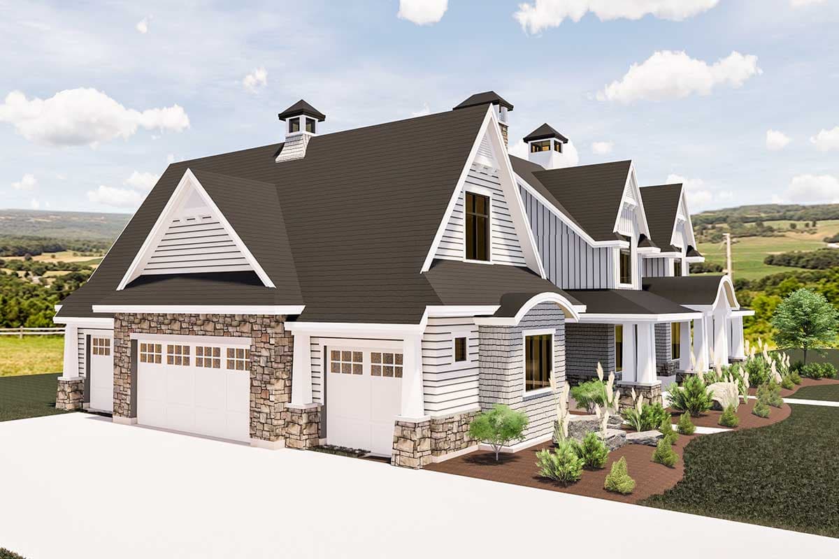 House plan exterior showing a modern farmhouse style with a three-car garage, stone accents, and multiple gables.