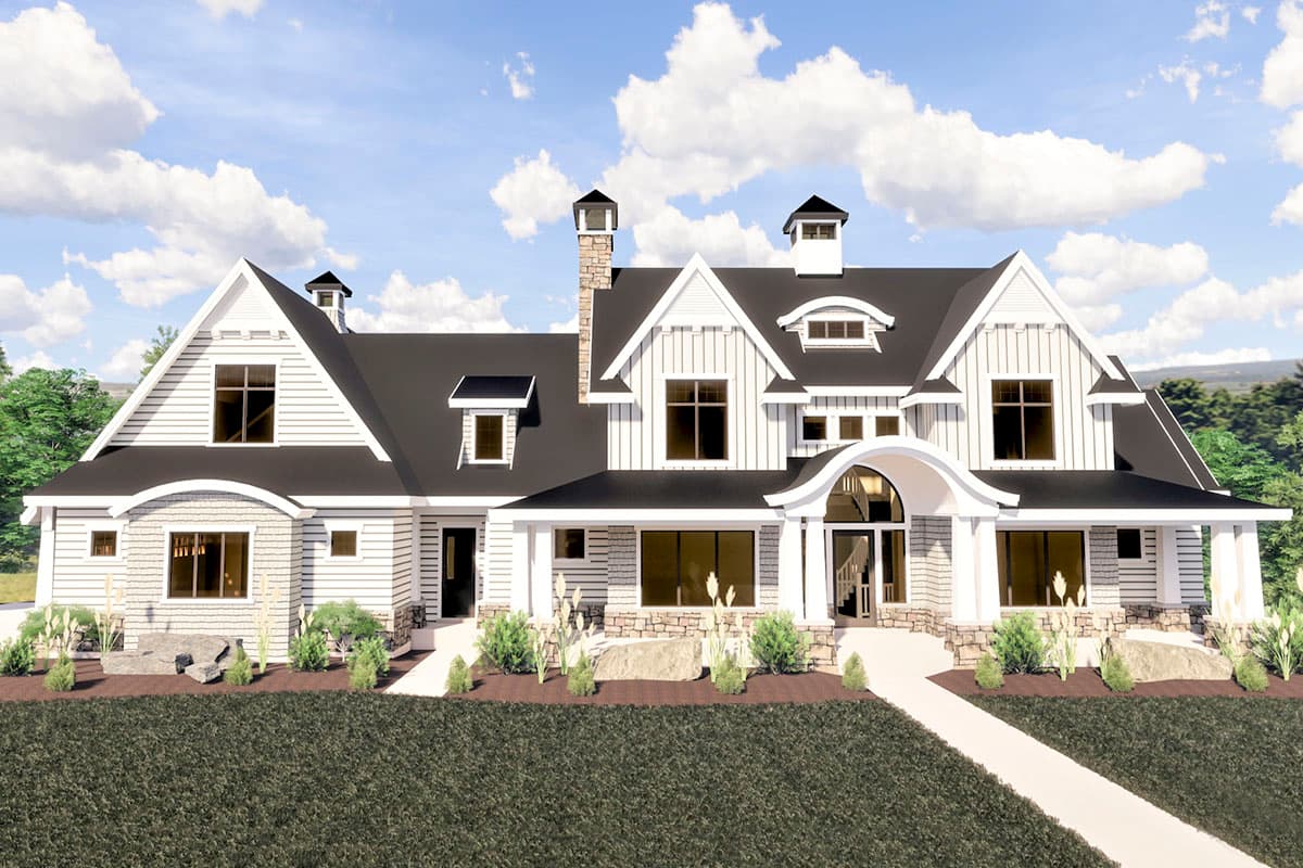 House plan exterior with Modern Farmhouse style. Features include multiple gables, dormers, and a covered front porch with arched entry.