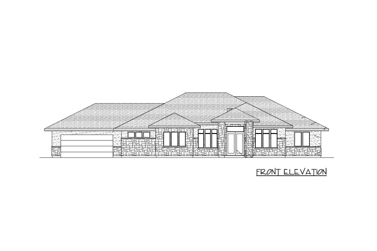 Front elevation drawing of a single-story house plan with a stone facade, multiple gables, and a two-car garage.