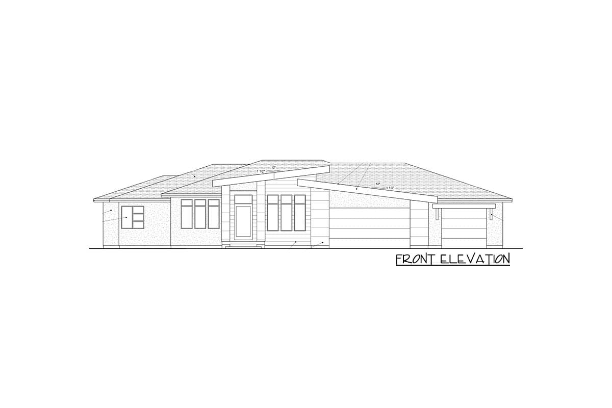 Front elevation drawing of a single-story house with a modern asymmetrical roofline, multiple windows, and attached garage.