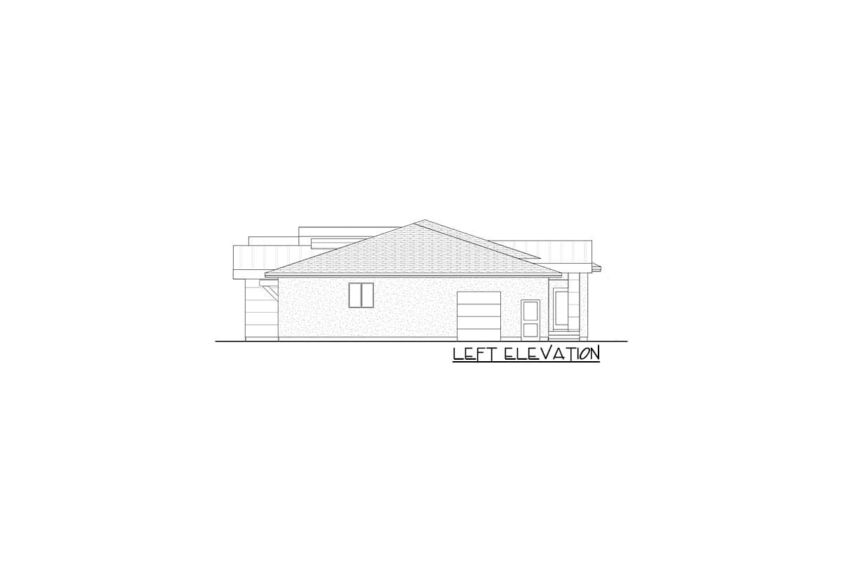 Left elevation drawing of a one-story house plan with a gable roof, garage, and covered entryway.
