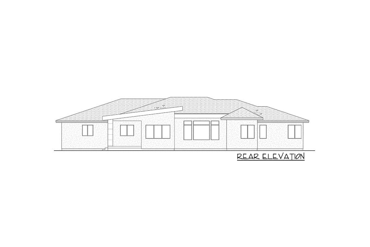 Rear elevation drawing of a single-story house with a sloped roofline, multiple windows, and a recessed central section.