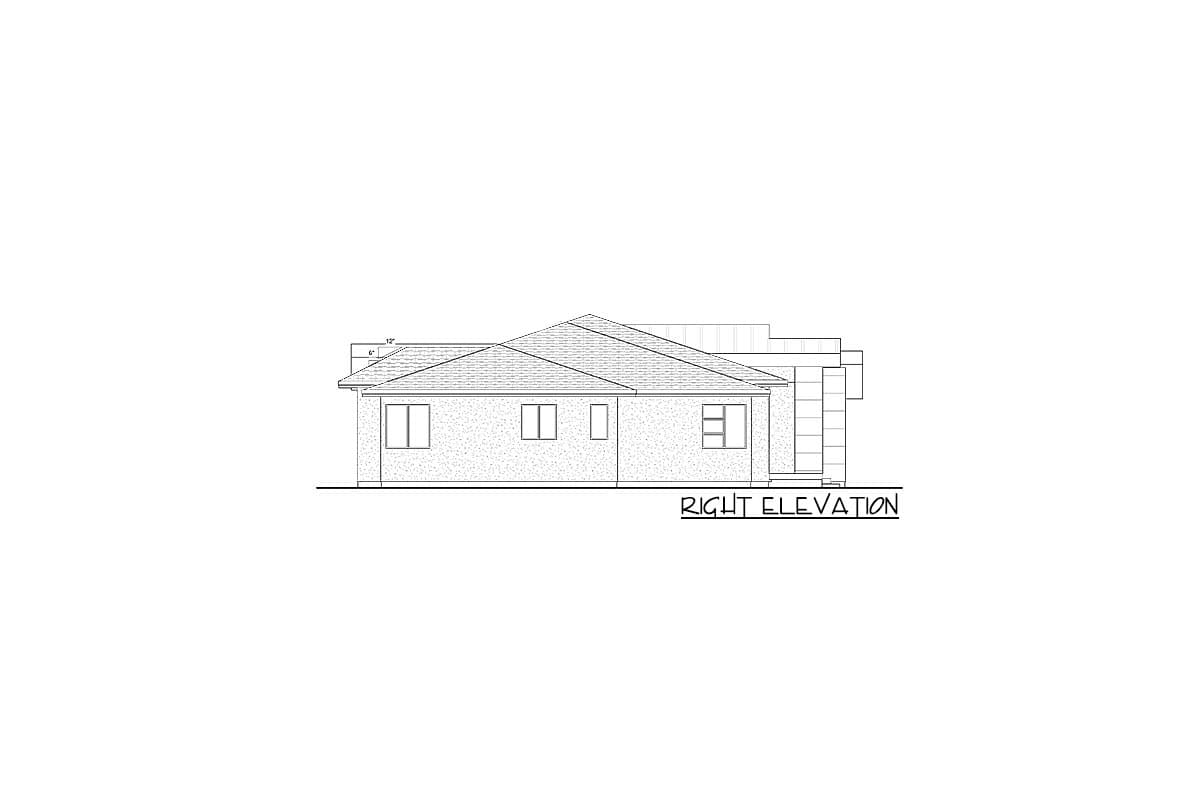 Right elevation drawing of a single-story house plan featuring a pitched roof, multiple windows, and a modern-style facade.