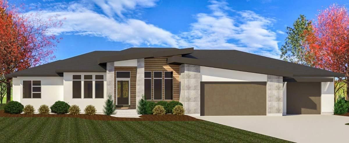 House plan exterior with modern design. Features include a flat roof, mixed siding materials, and a two-car garage. Single story.