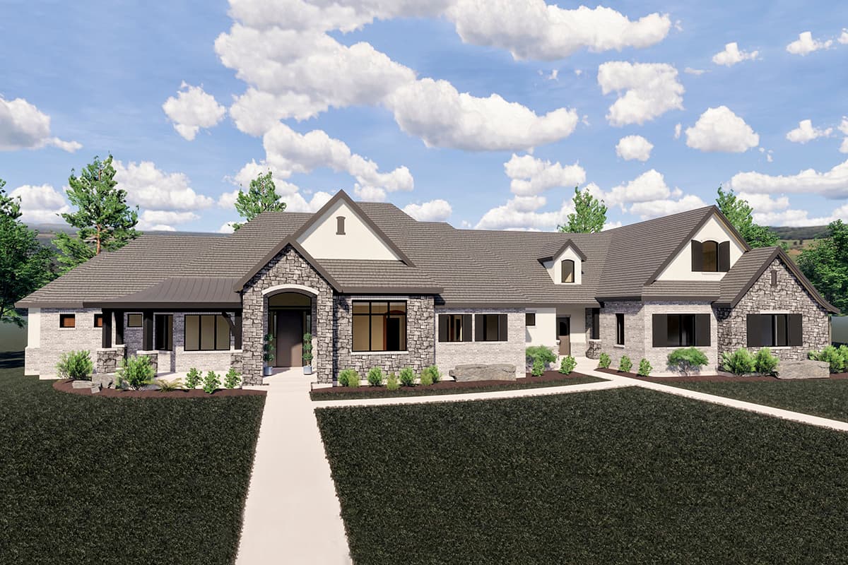 House plan exterior. Ranch style with stone accents. Features include multiple gables, a covered entry, and a side-entry garage.