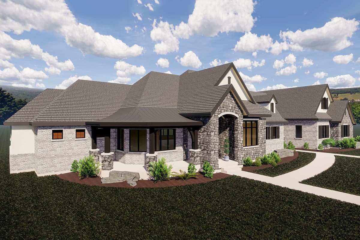 House plan exterior: One-story Modern Farmhouse with brick and stone, covered entry porch, prominent gables, and dormer windows.