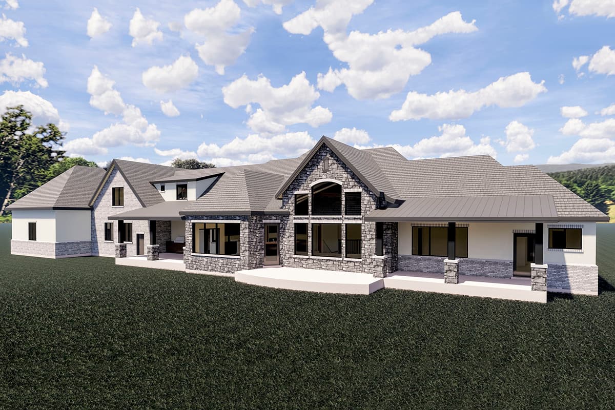 House plan exterior. Contemporary style with stone and stucco, multiple gables, covered porch, and large windows.