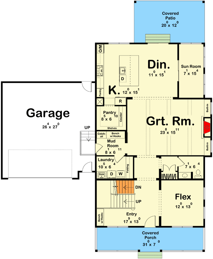Plan 62715DJ: 2-Story Modern Farmhouse Plan With Front Porch and Rear Covered Patio - 3516 Sq Ft - Floor Plan - Main Level - Country, Farmhouse, Southern, Traditional