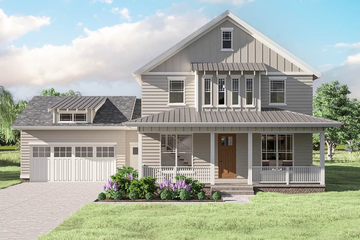 House plan exterior. Two-story Modern Farmhouse with a front porch, gables, dormers, and attached garage. Metal roof. Board and batten siding.