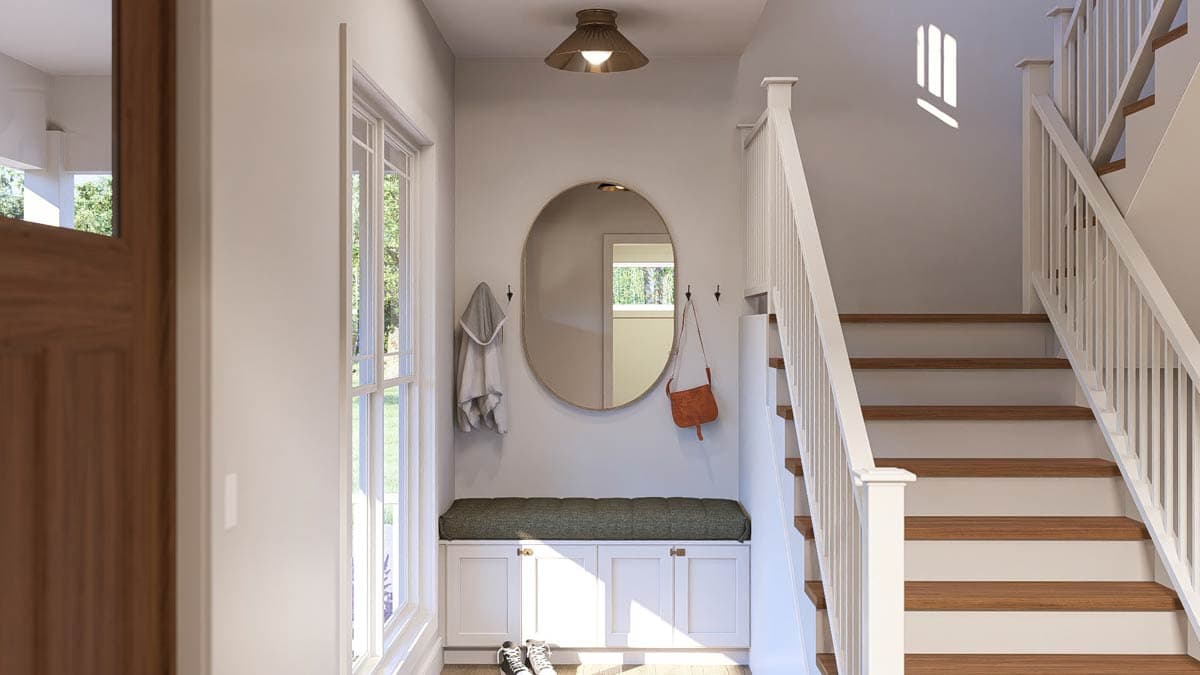 Interior rendering of a foyer with wood-paneled door, built-in storage bench, oval mirror, and staircase with white balusters.