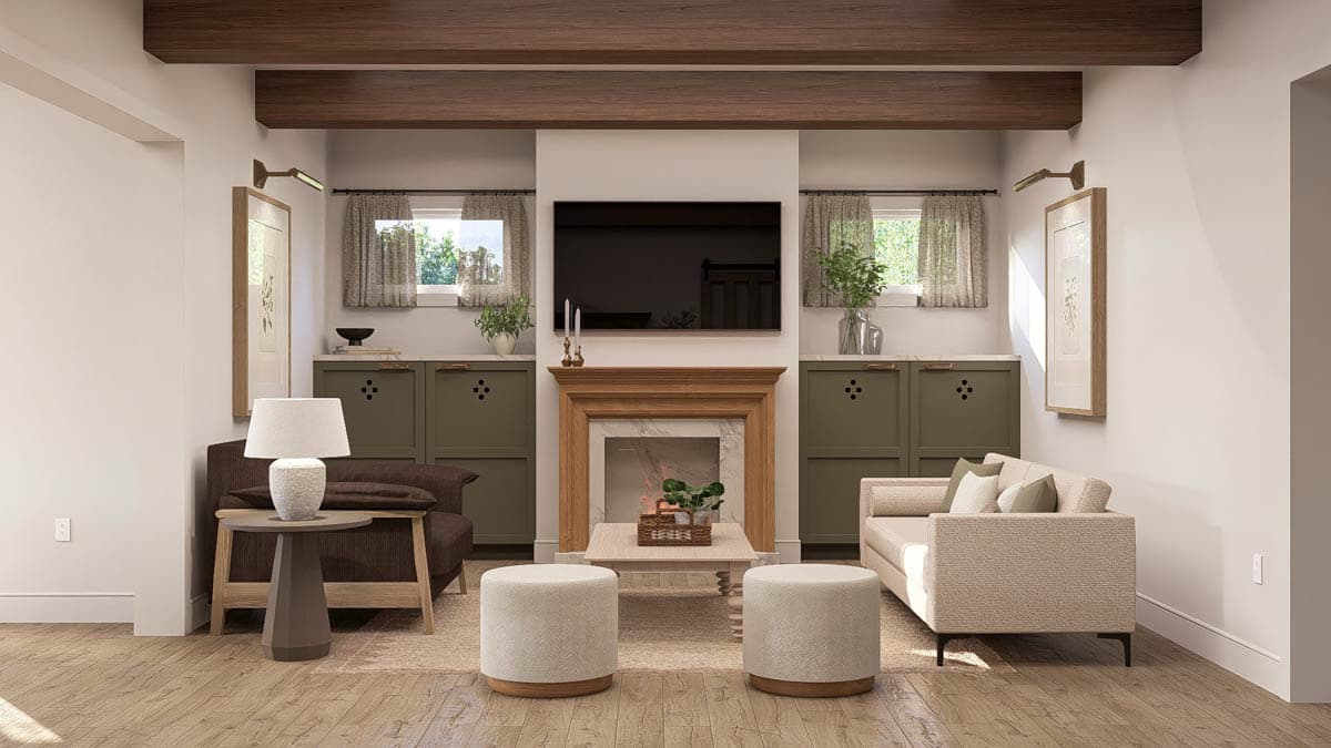 Living room interior with fireplace, TV, built-in cabinets, seating and exposed wood ceiling beams.