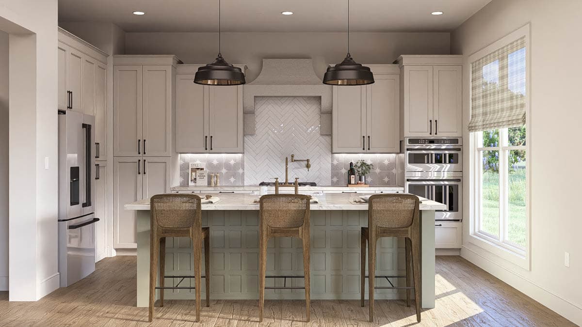 Kitchen with island, dual ovens, herringbone tile backsplash, and pendant lights.
