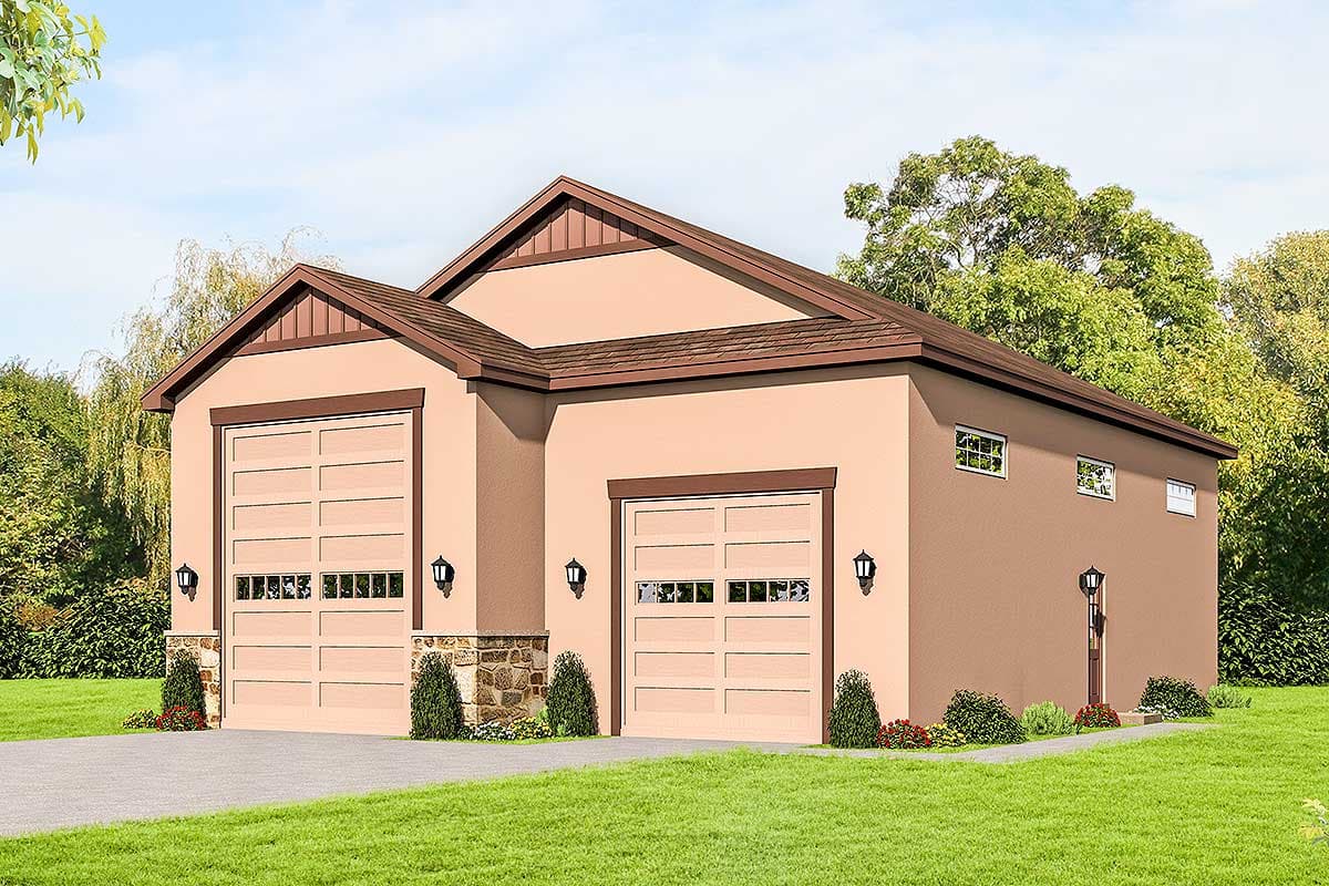 House plan exterior with two-car garage. Features include a gable roof, stone accents, and carriage-style garage doors.