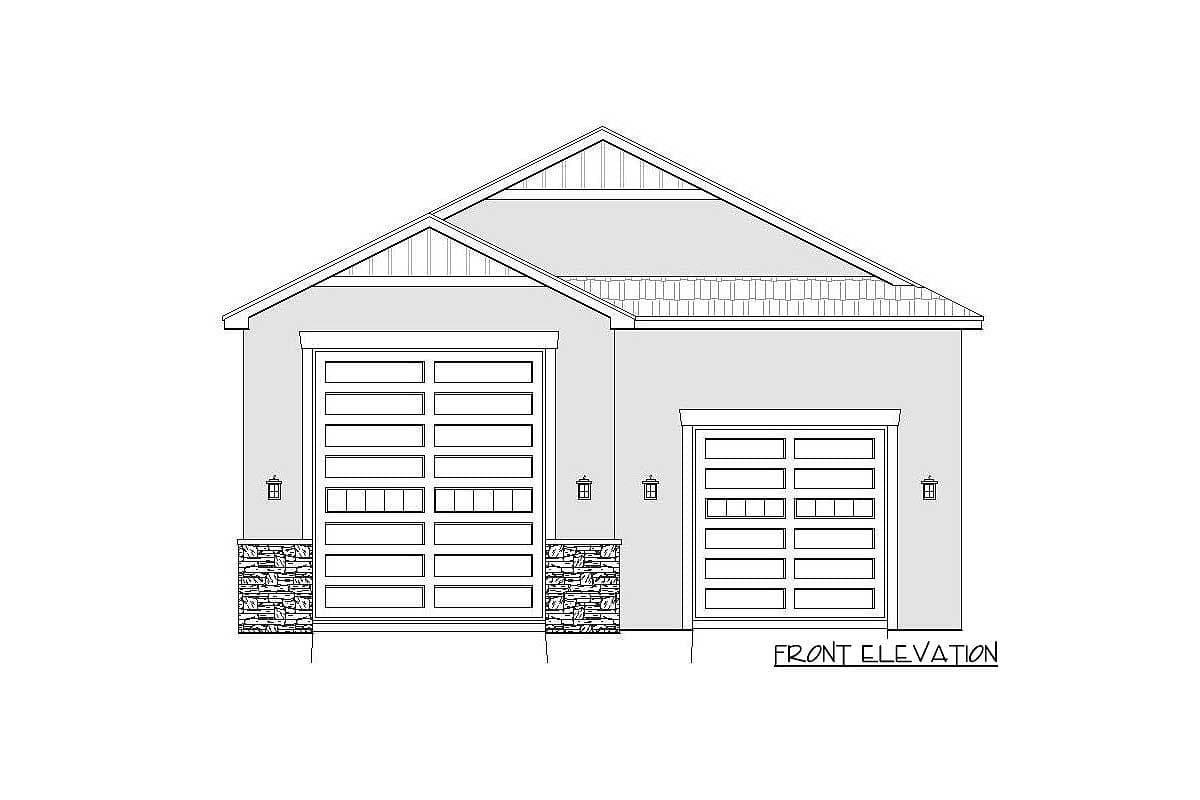 Front elevation of house plan with two garage doors, stone accents, and a prominent gable roofline.