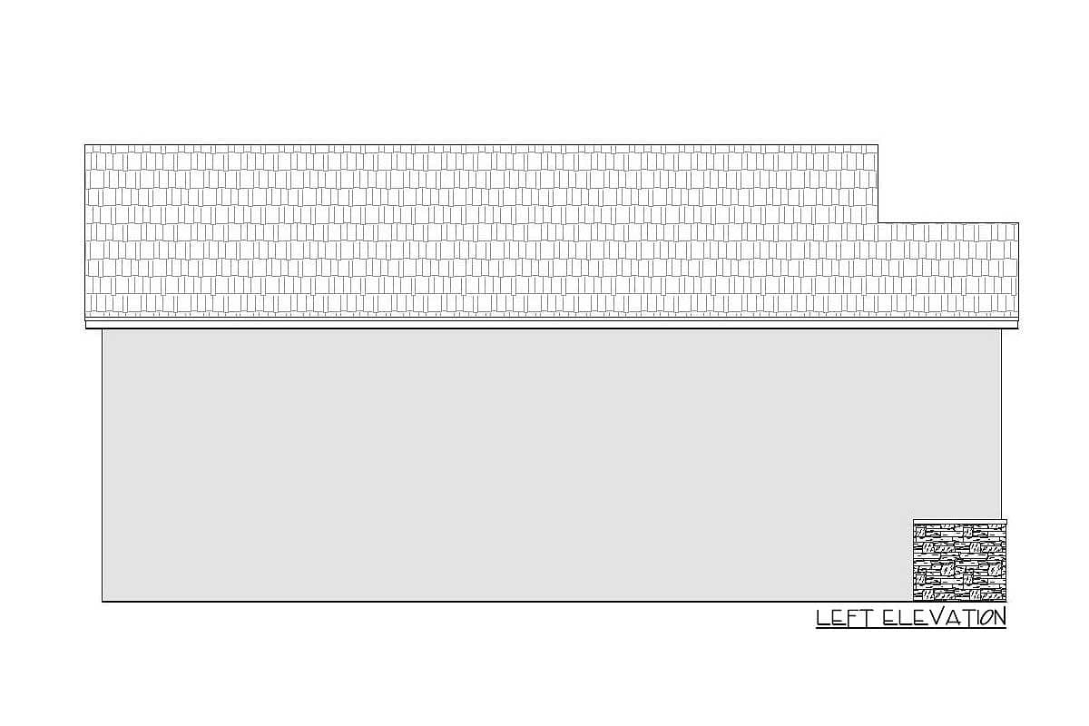 Left elevation drawing of house plan showing a shingle roof and stone accent on the lower corner.