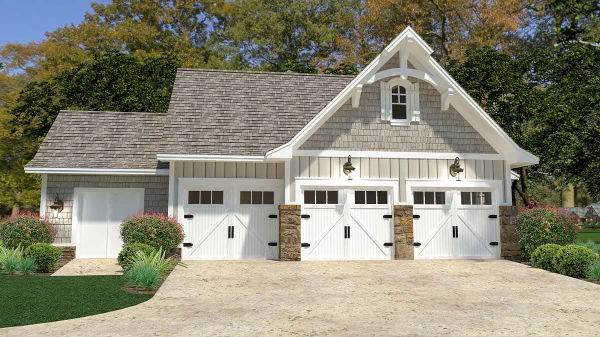 House plan exterior showing a three-car garage with stone accents, carriage-style doors, and a dormer window.