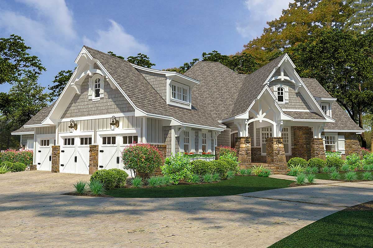 House plan exterior showing a Modern Farmhouse style with a three-car garage, dormers, stone accents, and a covered entry.
