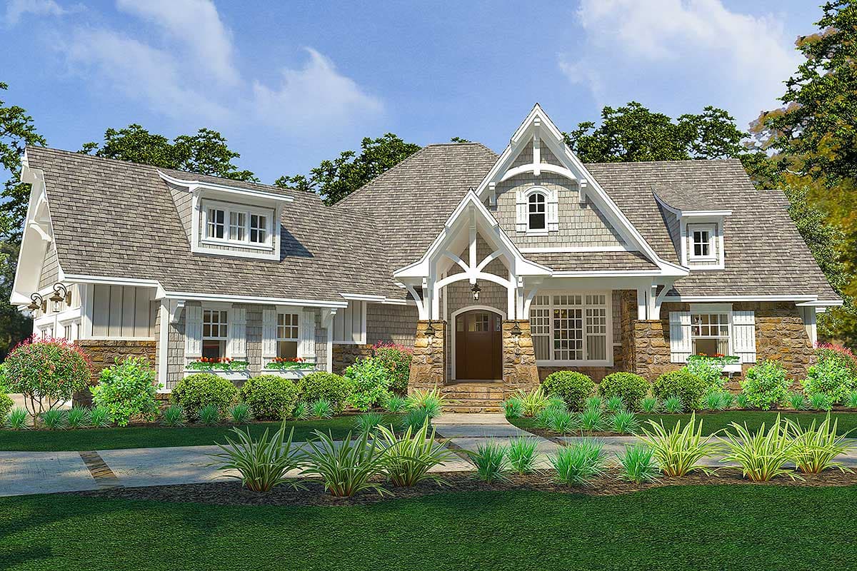 Craftsman house plan exterior with stone base, large front gable, dormers, and arched entryway.