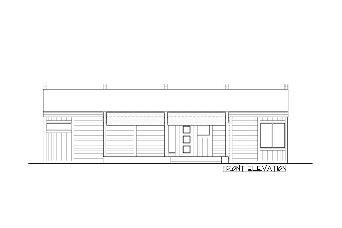Front elevation drawing of a single-story house plan with a covered entry, three square windows above the entrance, and horizontal siding.