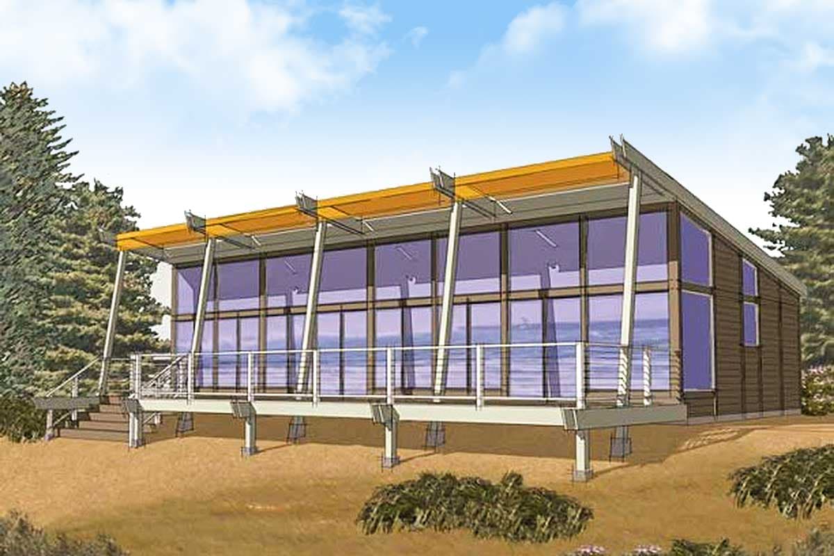 House plan exterior with modern style, one story, featuring a raised deck, large windows, and a flat roof with extended eaves.