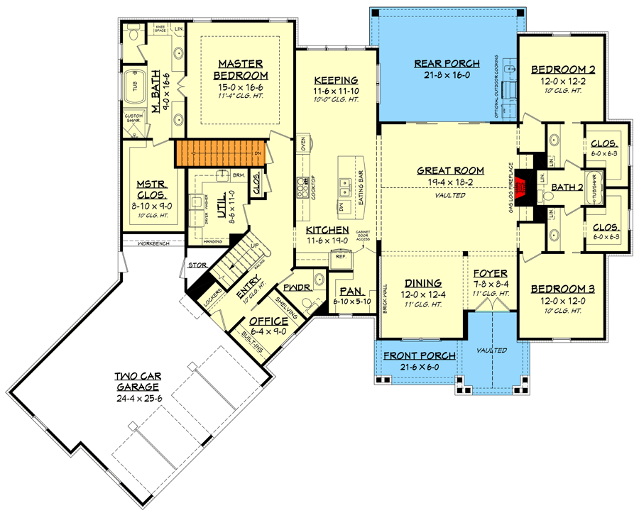 Plan 51774HZ: Contemporary Craftsman Plan with Bonus Room Over The Garage - Floor Plan - Main Level - Basement Stair Location - Country, Craftsman, New American, Traditional