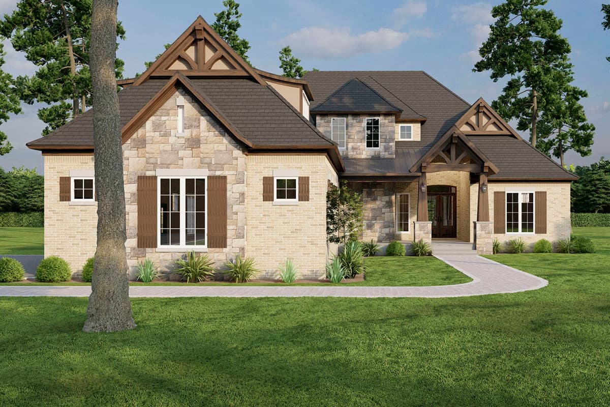 House plan exterior: Two-story home with stone and brick facade, prominent gables, decorative wooden trusses, and a covered entryway.