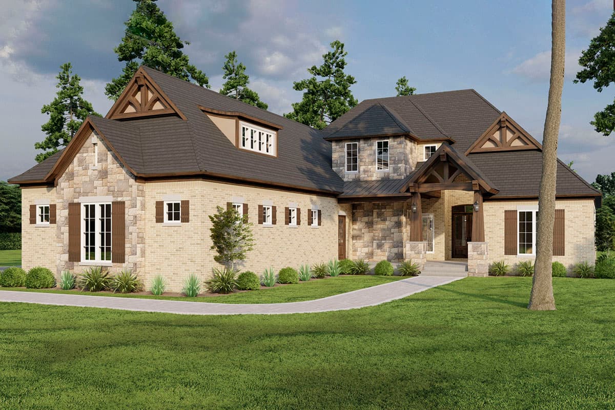 House plan exterior with stone and brick facade, gabled roof, dormers, and front porch with exposed timber beams.