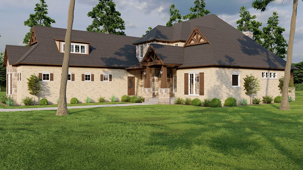 House plan exterior: Two-story, light brick home with stone accents, prominent gable dormers, and covered entry with wood beams.