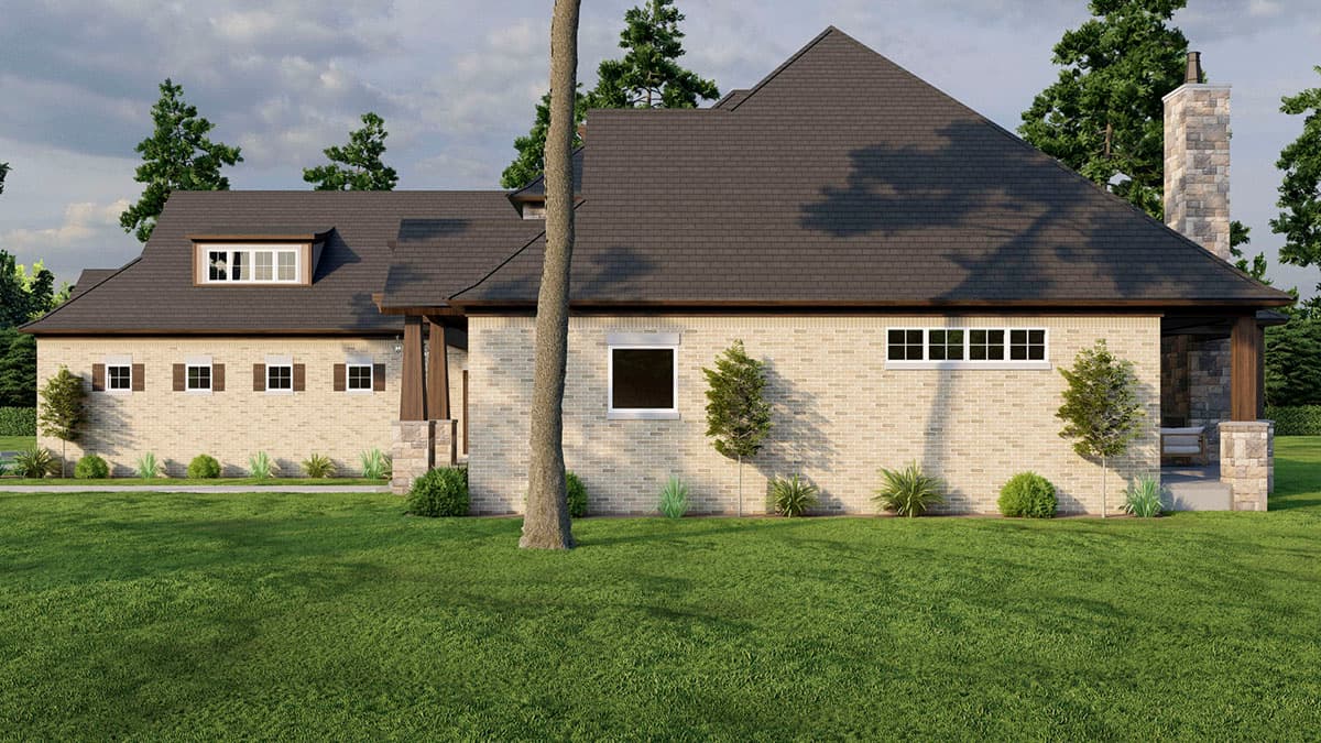 House plan exterior view shows a two-story brick home with a gambrel roof, dormer windows, and a stone chimney.
