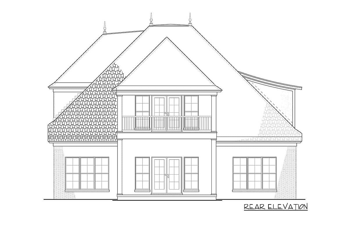 Rear elevation drawing showing a multi-story house plan with a mansard roof, dormers, balcony, and various window styles.