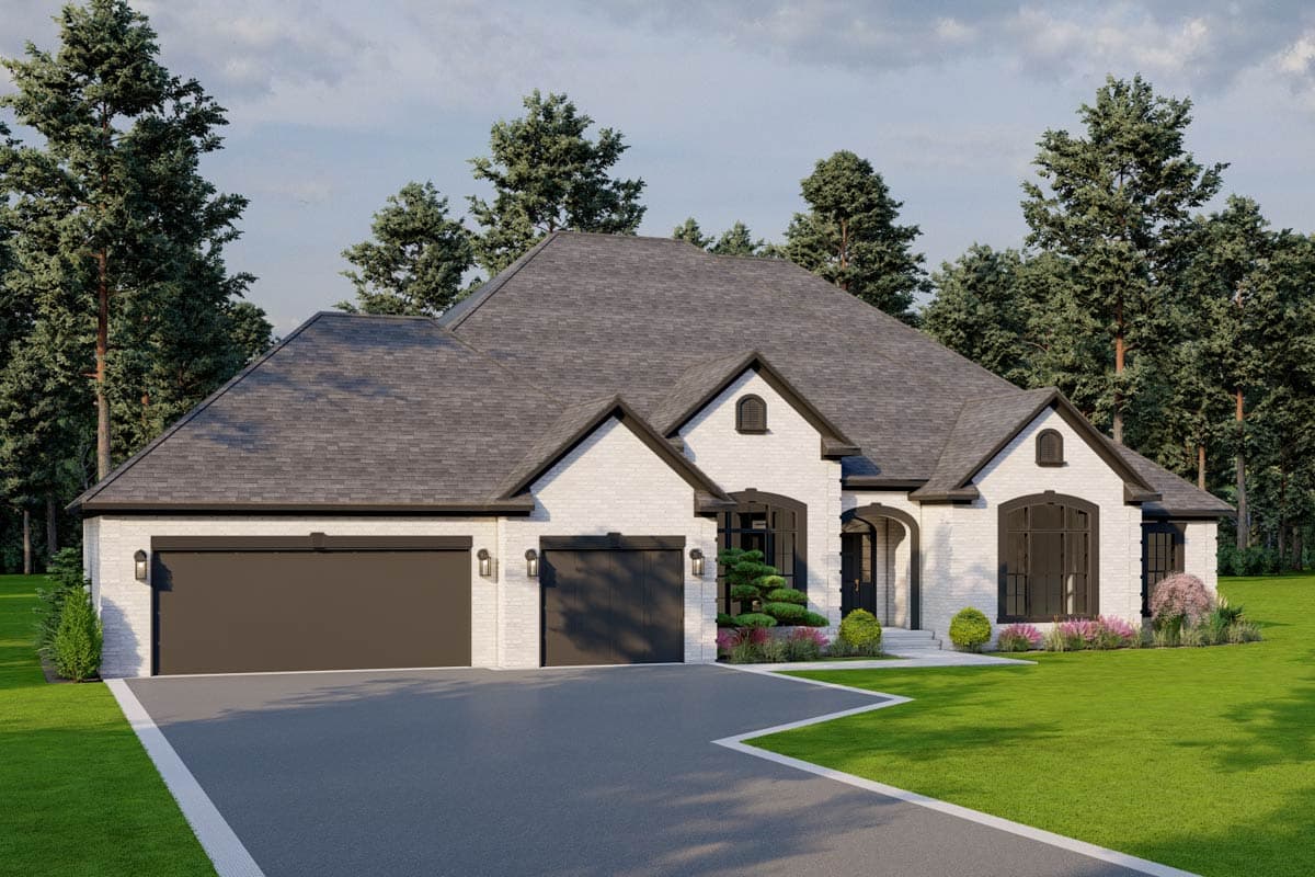 House plan exterior, one-story Modern Farmhouse with white brick, arched entryway, and a three-car garage.