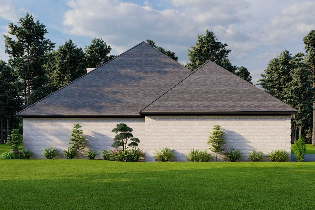 House plan exterior: Single-story dwelling with white brick walls, asymmetrical gables, and asphalt shingle roof.