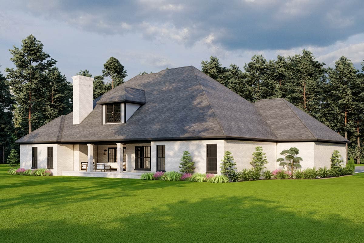 House plan exterior: Ranch style, white brick, large gable roof, prominent chimney, covered porch with columns.