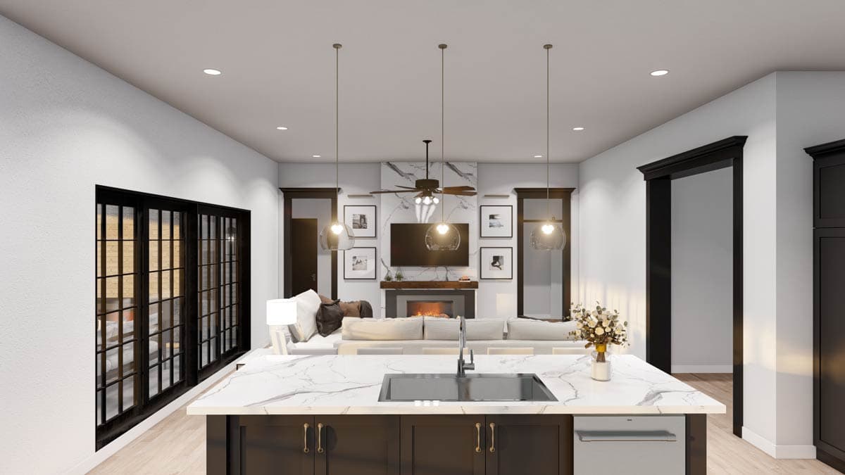 Interior rendering of an open-concept living space with kitchen island, fireplace, and large windows.