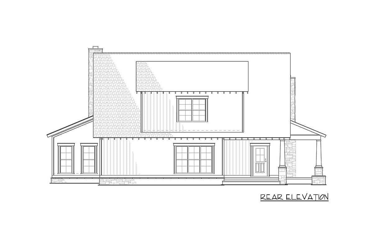 Rear elevation house plan with gabled roof, dormer, chimneys, porch, and multiple windows.