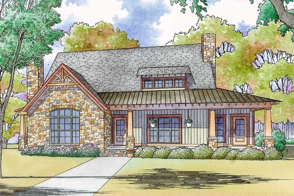 House plan exterior: Stone facade, gable roof with decorative truss, dormer, and covered porch with square columns.