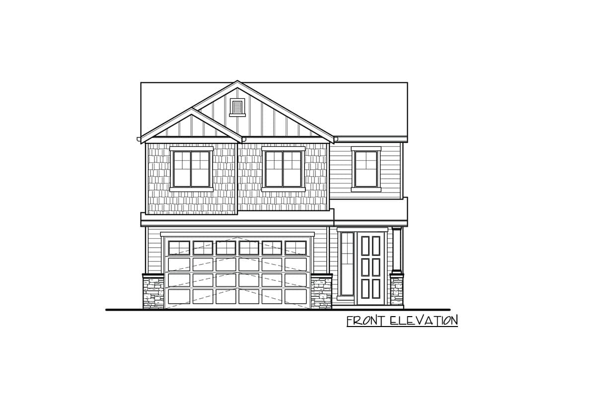 Front elevation house plan drawing showing a two-story home with a gable roof, multi-pane windows, and attached garage.