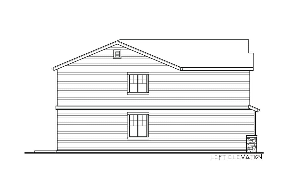 Left elevation drawing of a two-story house plan with horizontal siding, two windows per level, and a stone-clad foundation detail.