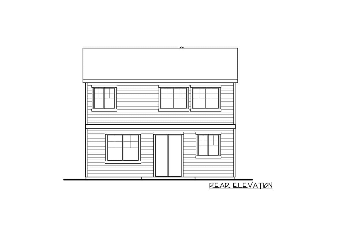 Rear elevation drawing of a two-story house with horizontal siding, five windows, and double doors.