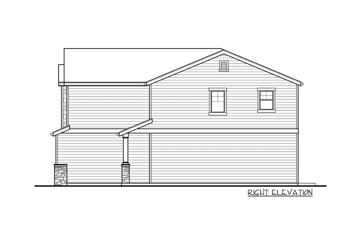 Right elevation drawing of a two-story house with horizontal siding, a covered porch with stone pillars, and gabled roof.