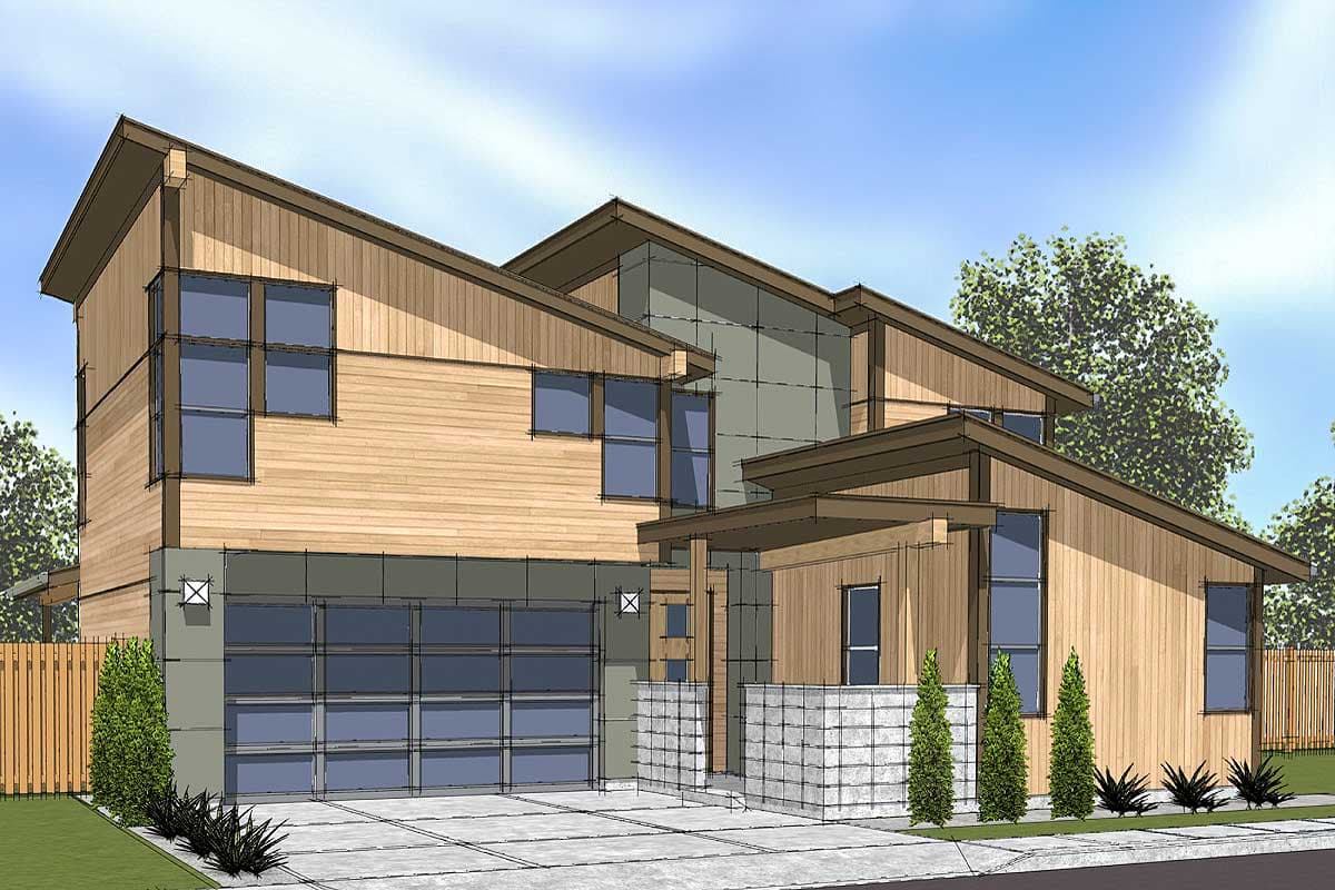 House plan exterior. Two-story modern design with horizontal wood siding, angled shed roofs, and a glass-paneled garage door.