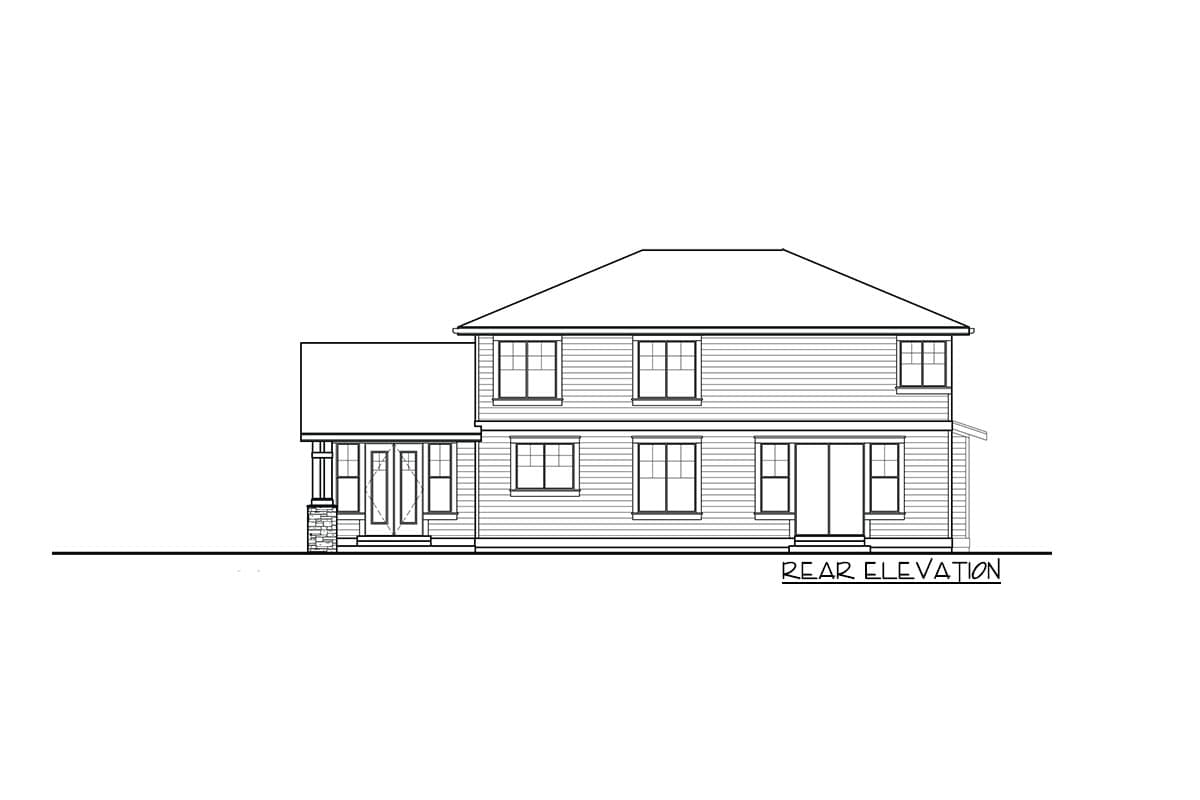 Rear elevation of a two-story house plan, featuring double doors, a covered entry with stone accents, and multiple windows.