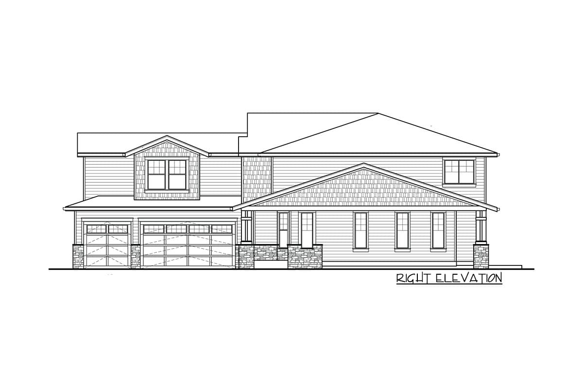 Right elevation house plan: two stories, three-car garage, covered front porch with stone accents, and multiple gables.