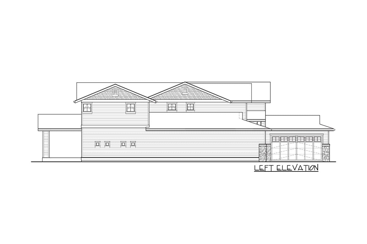 Left elevation house plan showing two stories, gables with shingles, dormer windows, and a two-car garage.