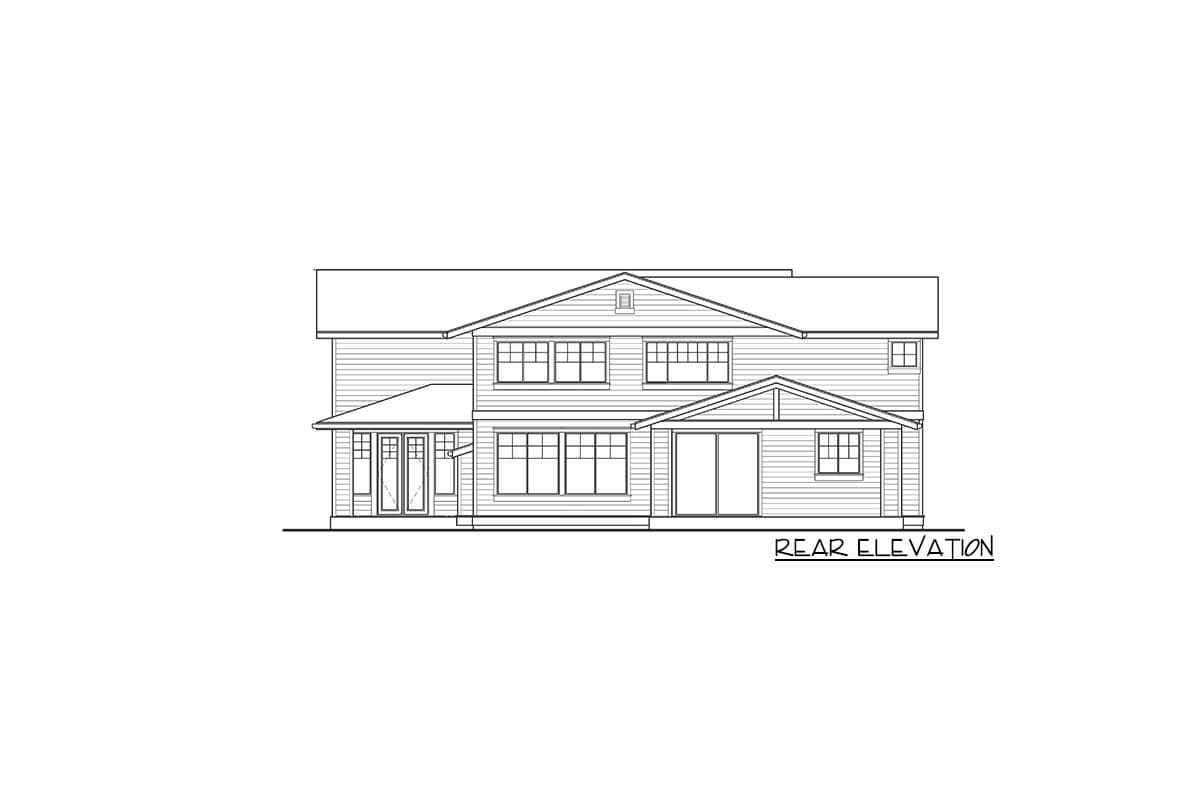 Rear elevation drawing of a two-story house with a covered porch, large windows, and a prominent gable.